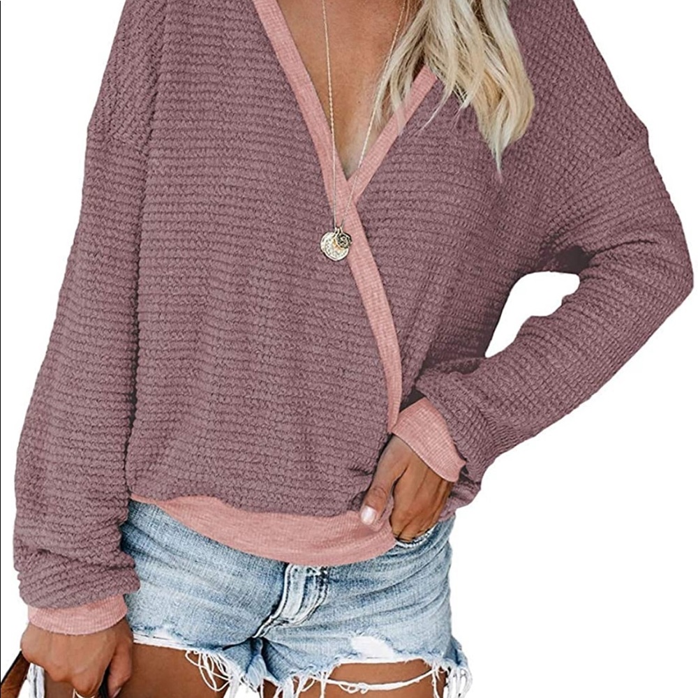 New V Neck Wrap Long Sleeve Waffle Knit Pullover - Picture 2 of 2